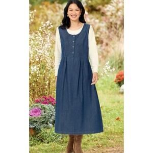 The Vermont Country Store Sleeveless Blue Denim Pintuck Jumper Dress Sz L